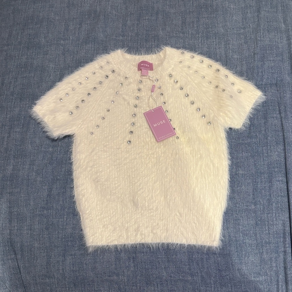 Muse White Fuzzy Sweater with Silver Accents